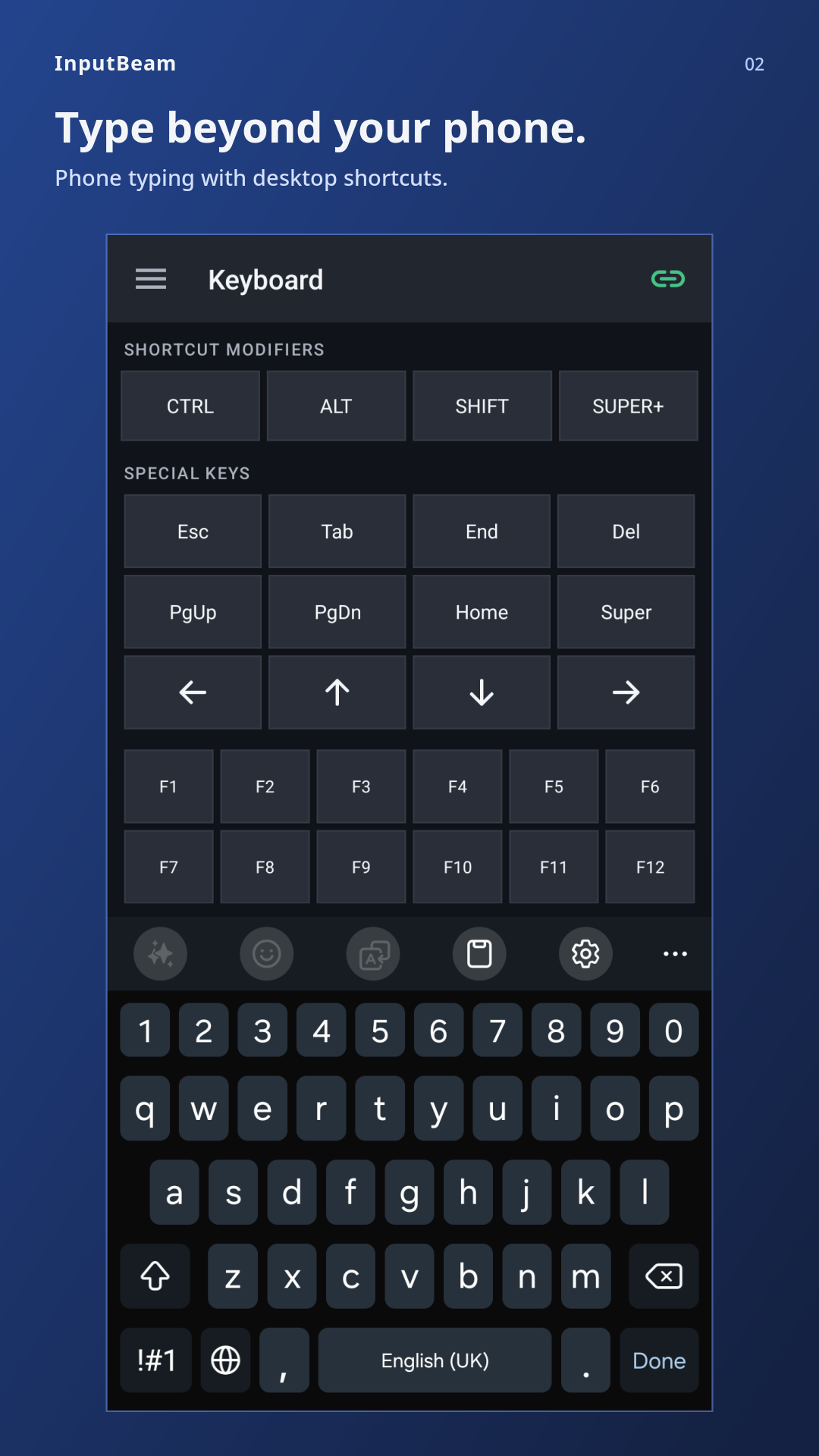 InputBeam keyboard with English UK phone typing, shortcut modifiers, arrows and function keys.